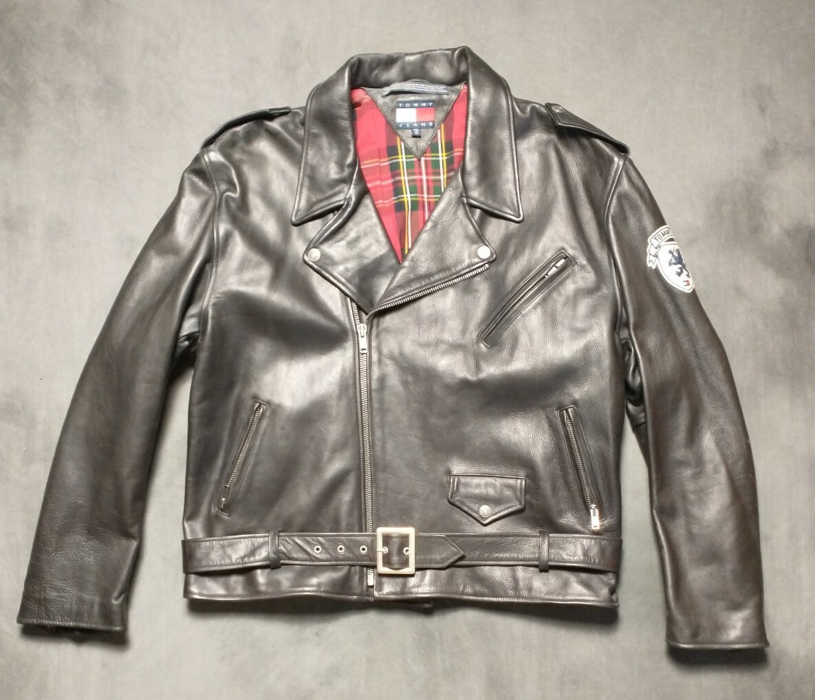 Tommy Hilfiger, Tommy Jeans, Black Leather Biker Jacket, XL, Vintage 90's, Rare