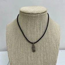 Pineapple Choker Necklace Black Cord Charm Silver Tone Short Textured