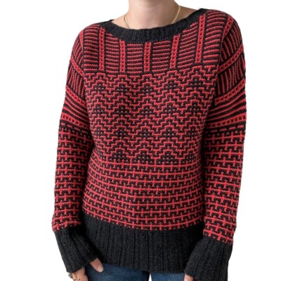 Theory Womens 100% Wool Soft Gray Red Fretta Loryella Geometric Sweater Sz L