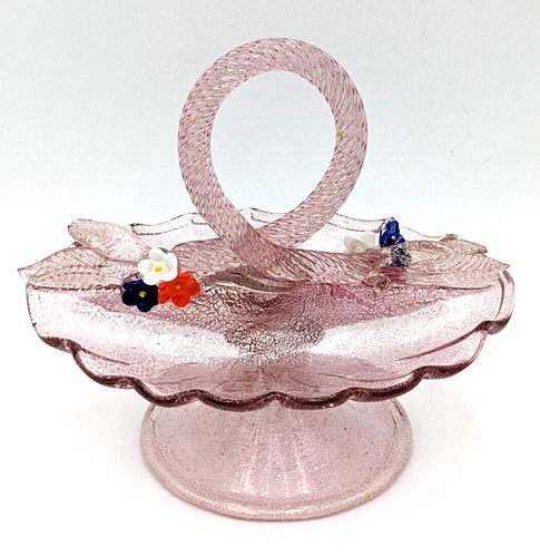 Unique Vtg Hand-Blown Murano Glass Dish Pink/Expanded Silver & Floral Applique
