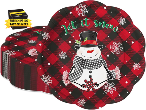 25Pcs Christmas Paper Plates - Let It Snow Lettering & Snowman in Red Plaid Desi