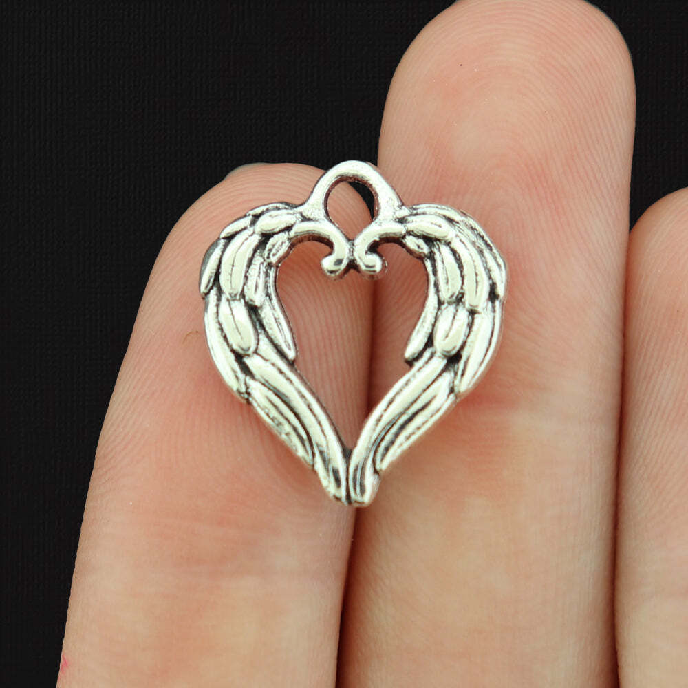 12 Angel Wings Heart Antique Silver Tone Charms 2 Sided - SC112 | eBay