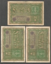 Germany 50 Mark; 24.6.1919; VG+; P-66; BNB-B222a; Reihe 1; Lot of 3 notes