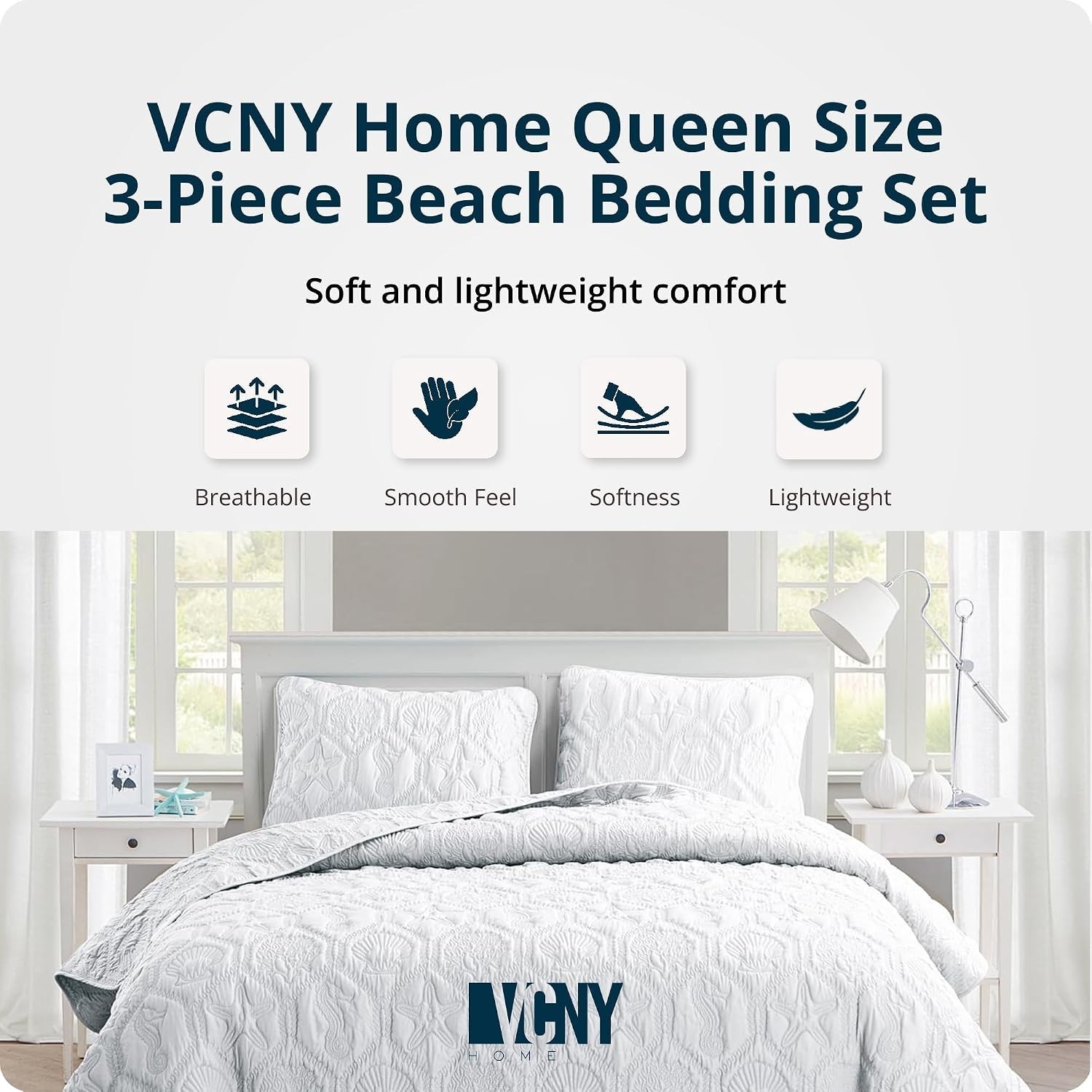 как выглядит Shore Beach 3-Piece Quilt Set, Queen Size - Embossed Coastal Design in Gray фото