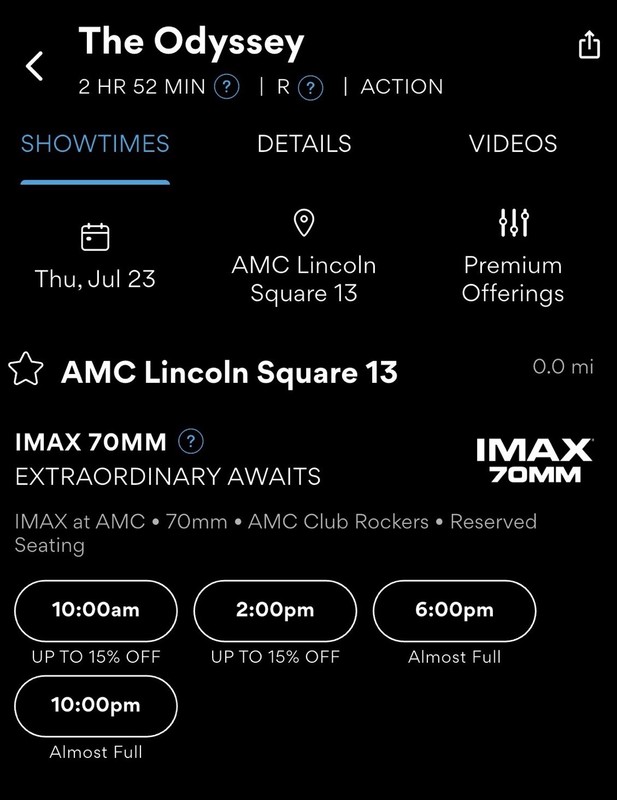 AMC Lincoln Square 13 IMAX 70MM The Odyssey Movie Ticket Thu Jul 23 2PM
