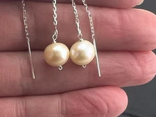White Freshwater Pearl Threader Earrings • 925 Sterling Silver Ear Threads
