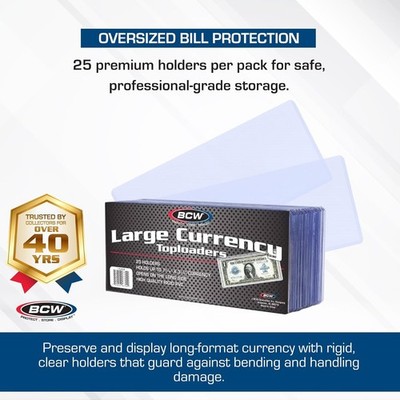 75 Large Currency Sleeves Semi Rigid Banknote Topload Safe Storage Holders BCW