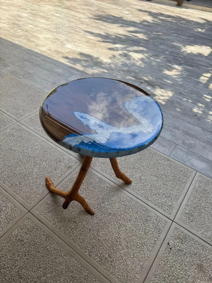 Walnut & Blue Epoxy Side Table Top Ocean Wave Resin Coffee Table Top - Image 3 of 4