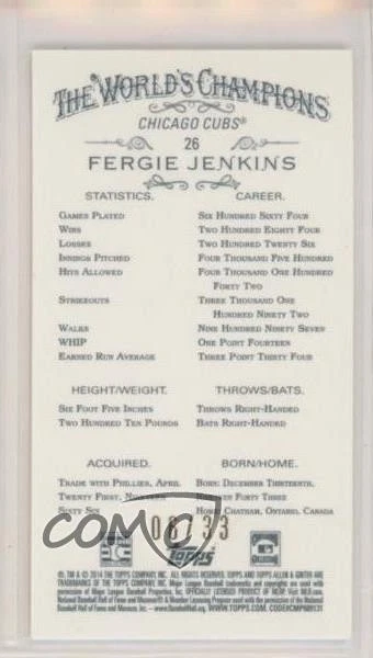 2014 Topps Allen & Ginter's Mini Red Bordered /33 Fergie Jenkins #26 HOF - Image 2 of 2