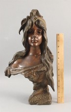 Antique Art Nouveau Lady Painted Spelter Bust Sculpture, After EMMANUEL VILLANIS