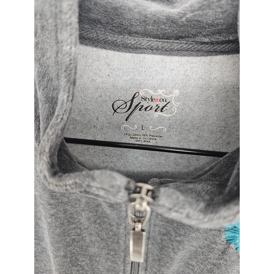 Style & Co Womens Sz L Zip Up Velour Track Jacket Gray Floral Embroidered - Image 3 of 4