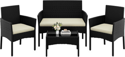 4-tlg. Rattan Gartenmöbel Set Terrasse Sofa Stühle Tisch Outdoor Schwarz