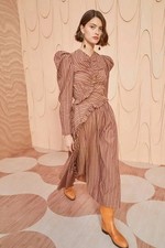 Ulla Johnson 'Prudence' Puff Sleeve Ruffle Striped Midi Dress in Mulberry sz XS