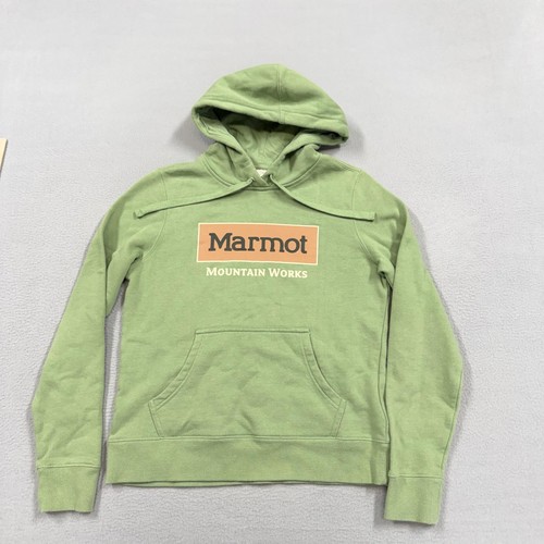 Marmot Hoodie Sweatshirt Womens Small Green Fleece Pullover Mountain Works Logo