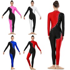 US Womens Shiny Rhinestone Leotard Full Length Figure Skating Jumpsuit Bodysuit
