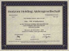 Horizont Holding 1998 Carthargo Bremen Florida Schweiz 500 DM Gewinnanteilschein