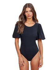 Women's Standard Modest High Round Neck One Piece Swimsuit with Puff Sleeves ...