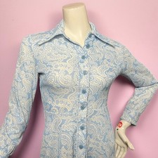 VINTAGE 70s Handmade Dagger Collar Paisley Shirt Dress Size 2 Mod Hippie Blue