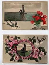 2 Birds Roses & Sail Boats Real Photo Postcards