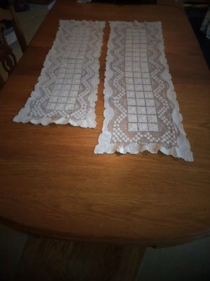 2 VINTAGE OFF WHITE TABLE RUNNERS DRESSER SCARVES MAYBE CROCHET RECTANGLE