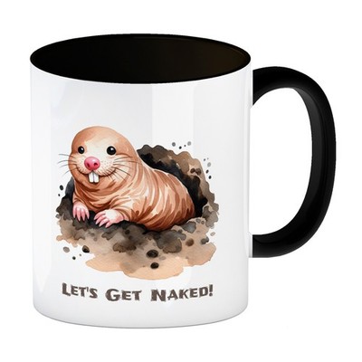Nacktmull Kaffeebecher in schwarz mit Spruch Lets Get Naked