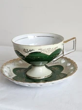 Vintage Teacup and Saucer Set Green, Ivory  And Gold Scalloped Edge Plate Japan 