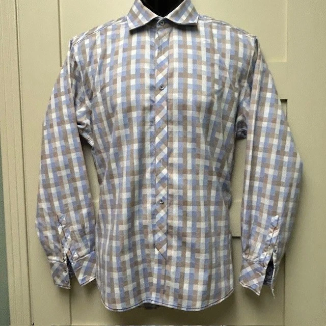 ZAGIRI Dress Shirt Mens Large Button Up Unique Brown Blue Checked Accent Stitch - Image 3 of 4