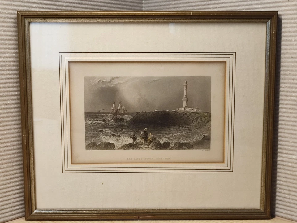 The Light House Aberdeen W.H. Bartlett E.J. Roberts Stahlstich um 1840 gerahmt - Bild 1 von 4