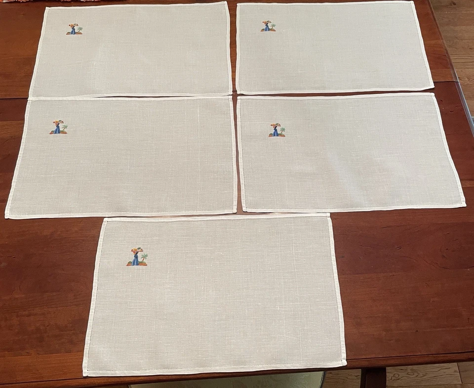 VTG Jamaican Folk Art Madeira Linen Hand Embroidered Placemat & Napkin Set-8pc. - Image 3 of 4