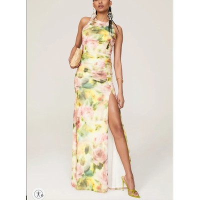 Black Halo Mesh Maxi Dress MEDIUM Ruched Gown Pink Green Floral Designer $575