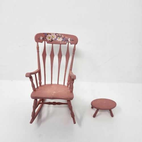 Vintage Dollhouse Miniature Pink Rocking Chair Hand Painted With Stool - Picture 20 of 20