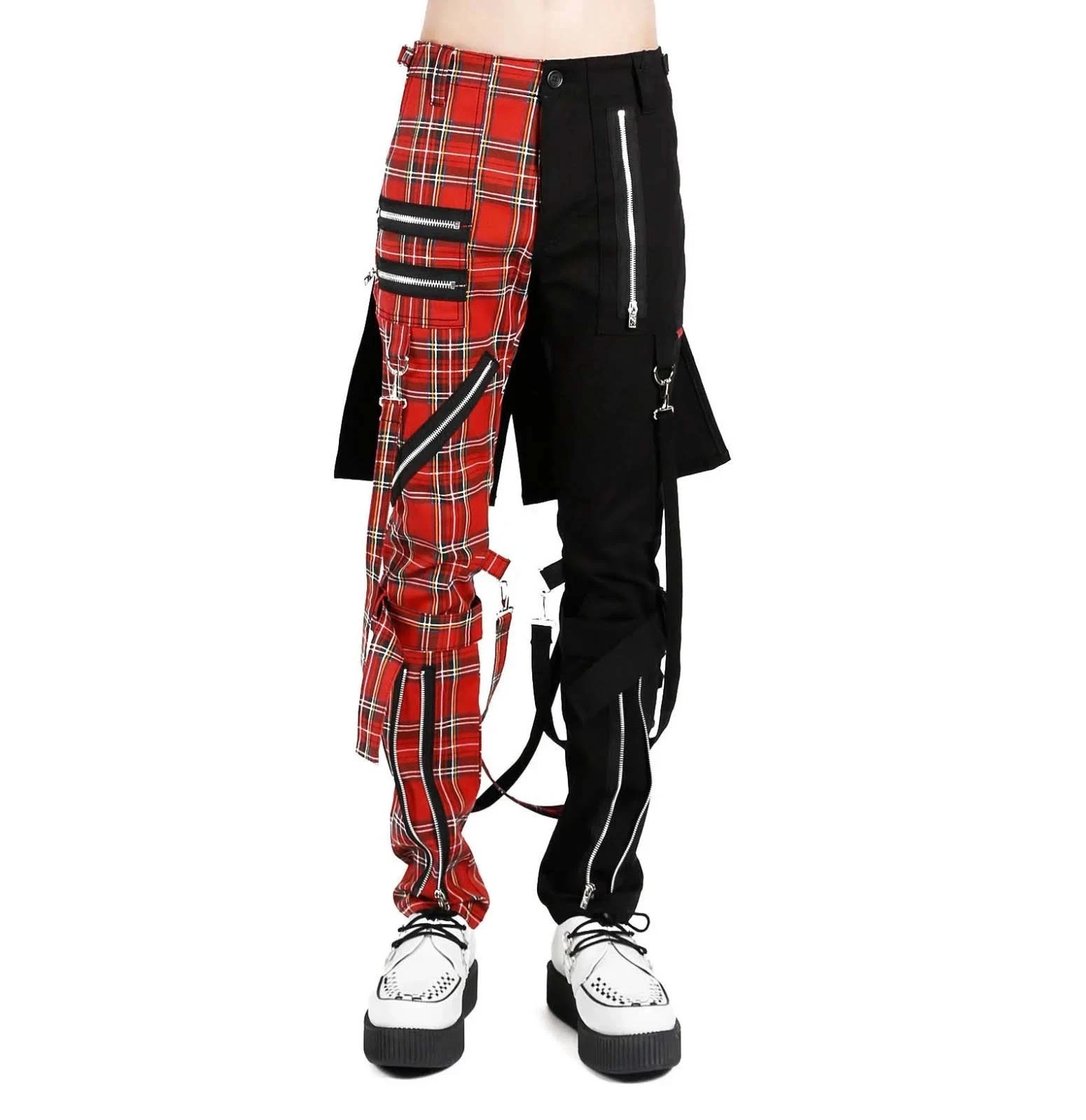 Men Black Red Tartan Plaid Pants Punk Gothic Slim Fit Two-tone Casual Trousers