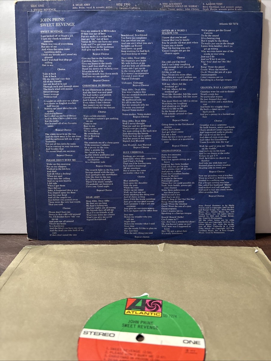 John Prine Sweet Revenge Vinyl LP 1973 Atlantic Records Label SD