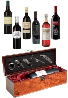 BRUBAKER 7 tlg Weinset Weinkiste mit Sommelier Weinzubehör Set + 1 Flasche Wein