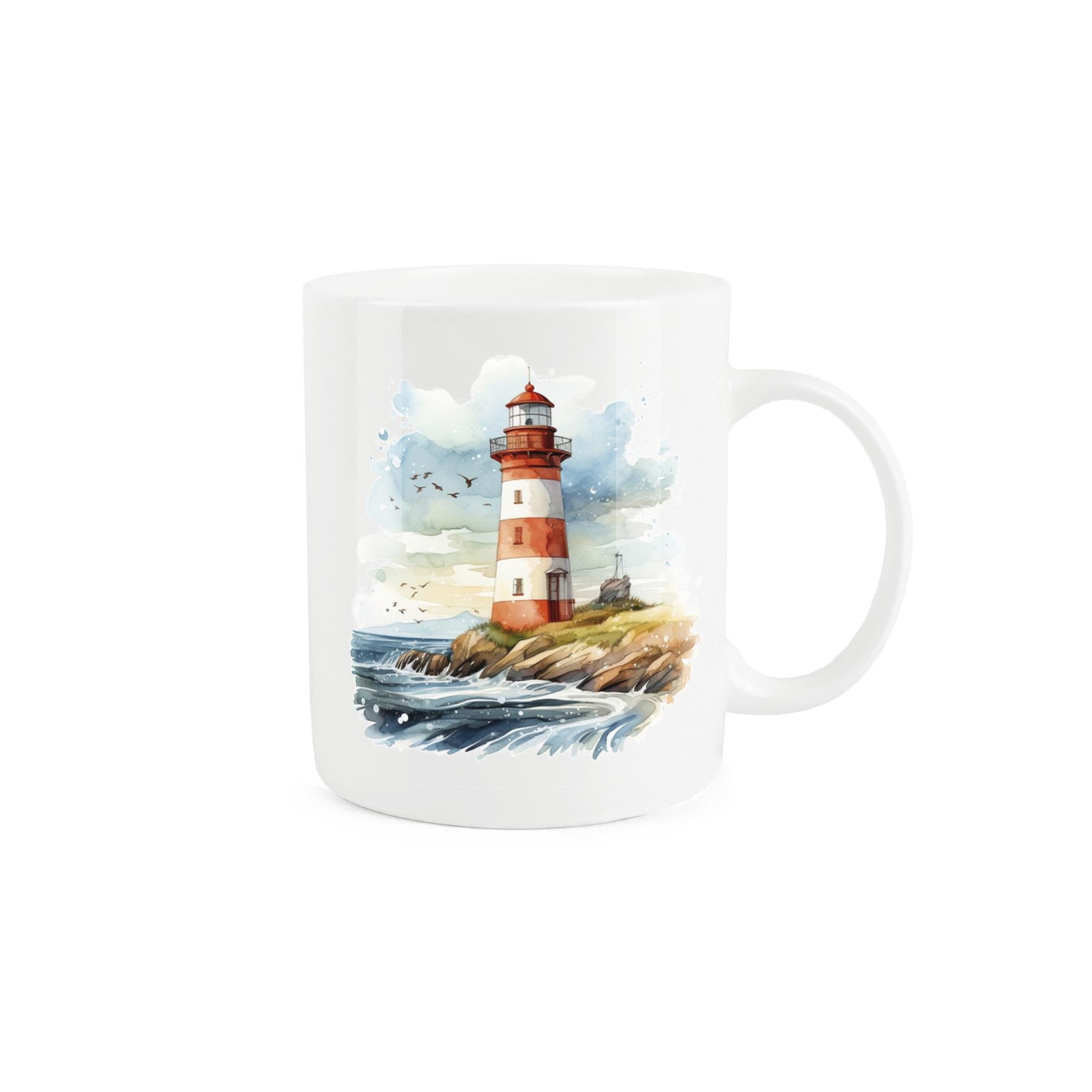Watercolour Lighthouse Mug - Seaside Rough Waters Bone China Cup Gift/Present