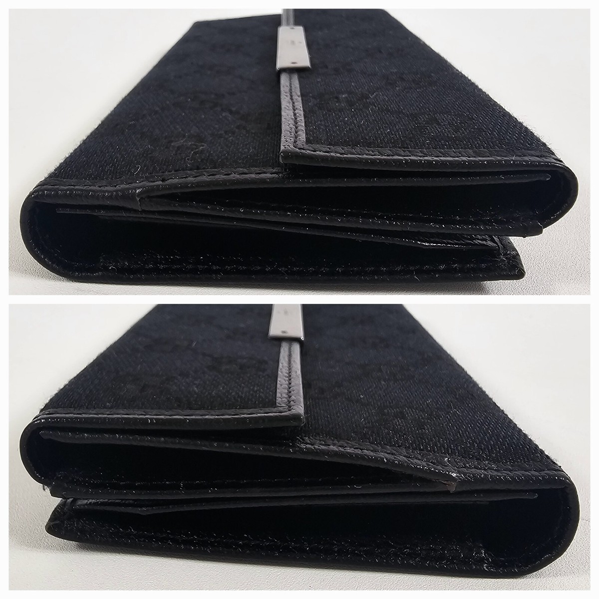 GUCCI GG Logo Black Canvas Leather Credit Cards Bifold Long Wallet 