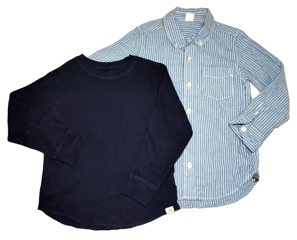 Lote de camisas de manga larga Baby Gap para niños talla 4 con botones rosa a rayas liso azul marino 3 piezas Foto 2 de 4