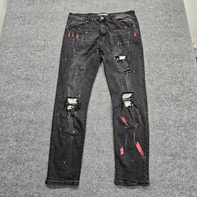 Liberty Square Jeans Mens 36W Black Ripped Embellished Paint