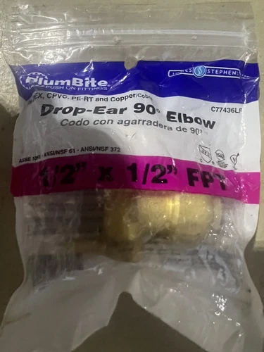 Jones Stephens C77436LF 1/2" FPT PlumBite Push On Drop Ear 90 - Brass - Picture 3 of 3