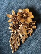 Gold Floral Bouquet Brooch Large Vintage Tassels Miriam Haskell collectors piece