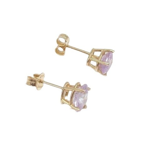 Solid 14K Yellow Gold Purple CZ Oval Stud Earrings - Picture 2 of 2