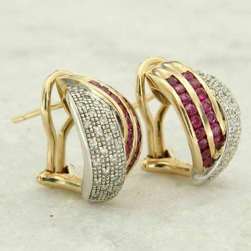 2 Ct Simulated Ruby & Cubic Zirconia Hoop Earrings 14K Yellow Gold Plated - Picture 3 of 5
