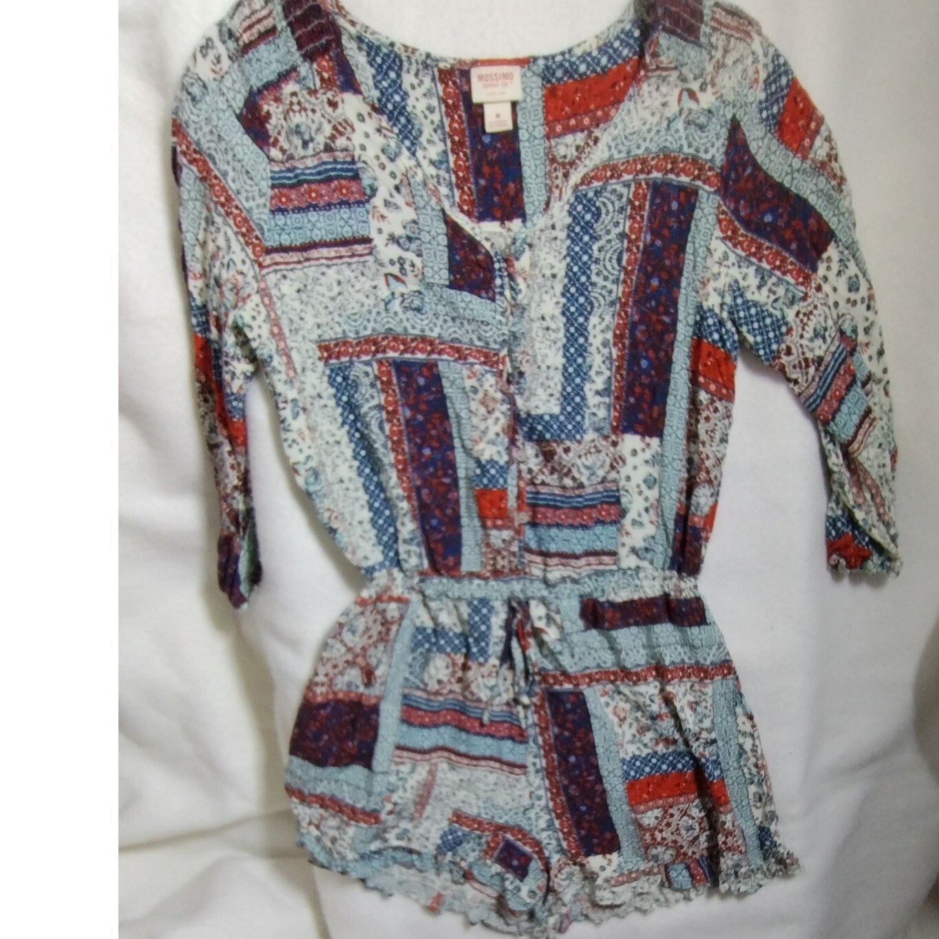 Mossimo Romper Patchwork Print 3/4 Sleeve Drawstr… - image 3