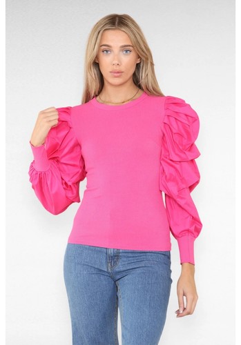 Womens Ladies Oversized Long Balloon Puff Sleeve Ribbed Jumper Blouse Shirt Tops - Picture 5 of 15
