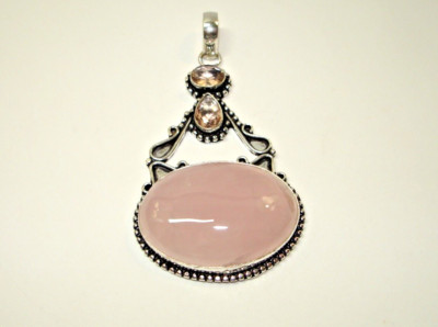 AB Blush Rose Quartz Pink Topaz .925 Silver One-Of-A-Kind Pendant 2.75''