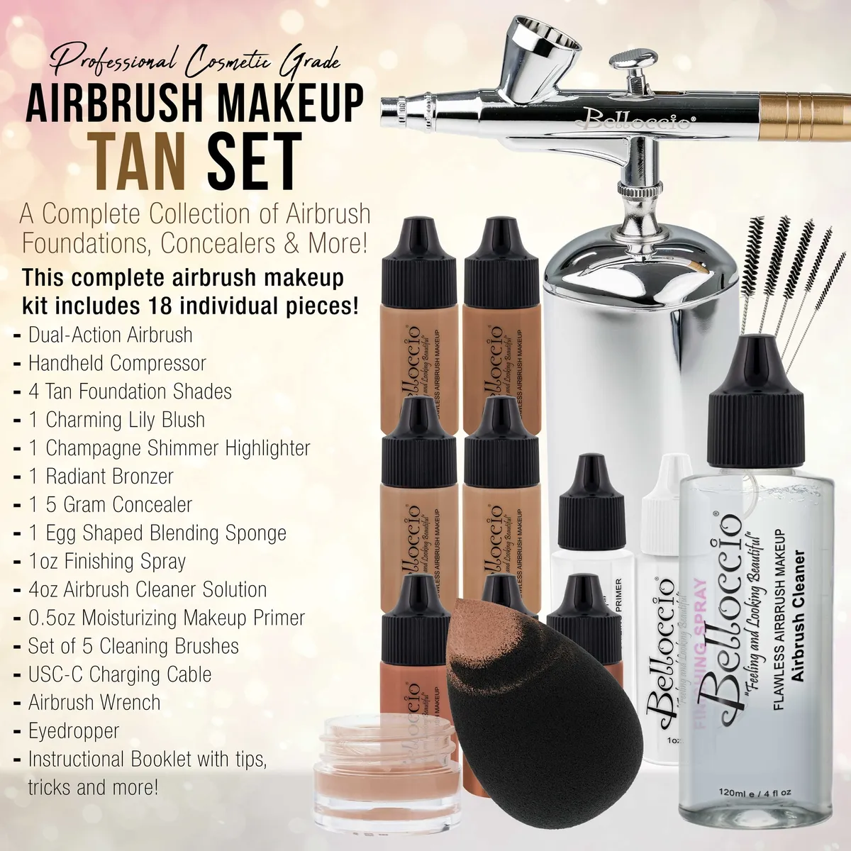 Belloccio Complete Cordless Handheld Airbrush Cosmetic Makeup System with 4 Tan Foundation Shades, 18-Piece Kit, Primer, Blush, Bronzer, Highlighter