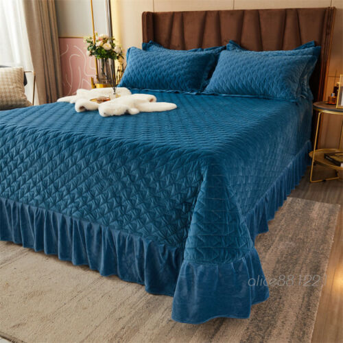 Plaid Quilted Velvet Bedspread with Ruffles Queen Size Coverlets Thick Soft 3PC - Picture 1 of 70