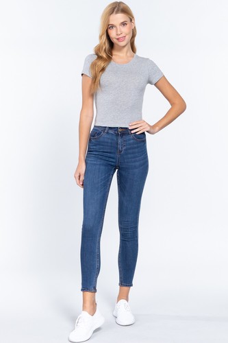 Women Basic Solid Stretch Short Sleeve Crew Neck Crop Top shirt T12362 - Picture 34 of 44
