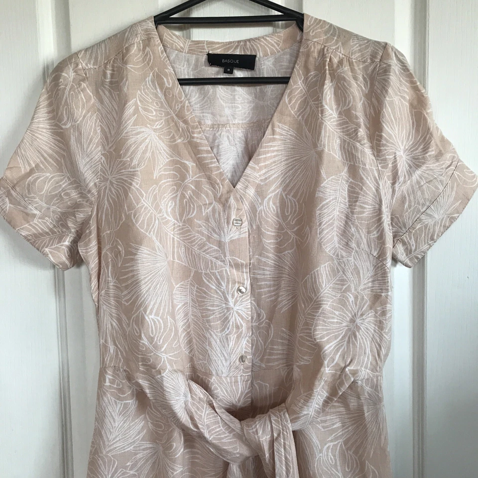 Basque Dress Size 8 Linen Button Front Short Sleeve Front Tie Elastic Back Panel - Image 2 of 4