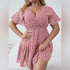 Shein Curve Rose Pink White Polka Dot Hearts Swing Fit Flare Dress 0XL 12 (A6)